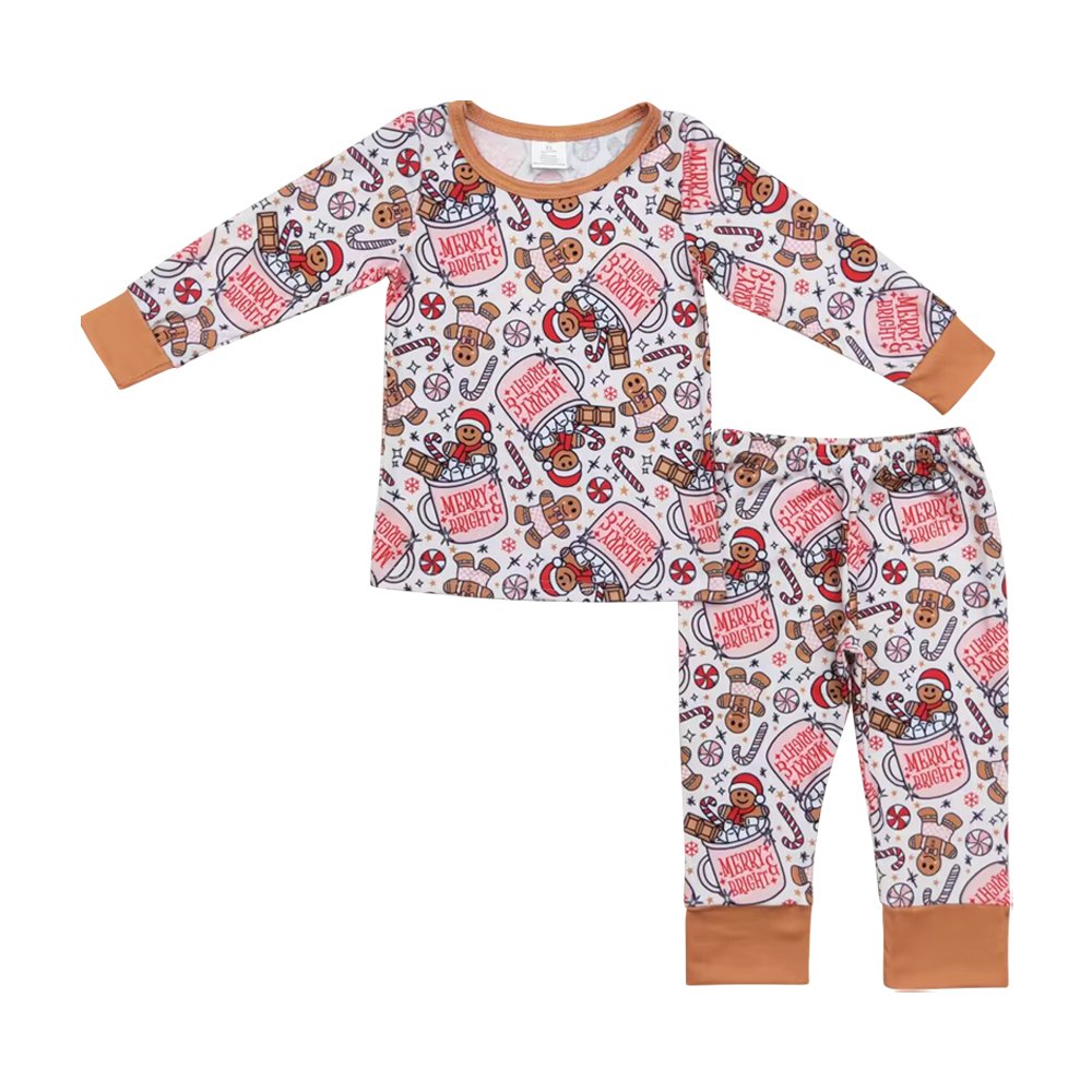 Christmas clothes long sleeves merry bright gingerbread print wholesale boys pajamas boutique suits low price clothes no moq