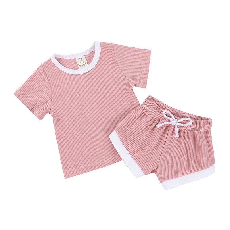 children clothes round neck solid color shirts ribbed top with shorts sets baby two-piece newborn baby boy summer clothes suits