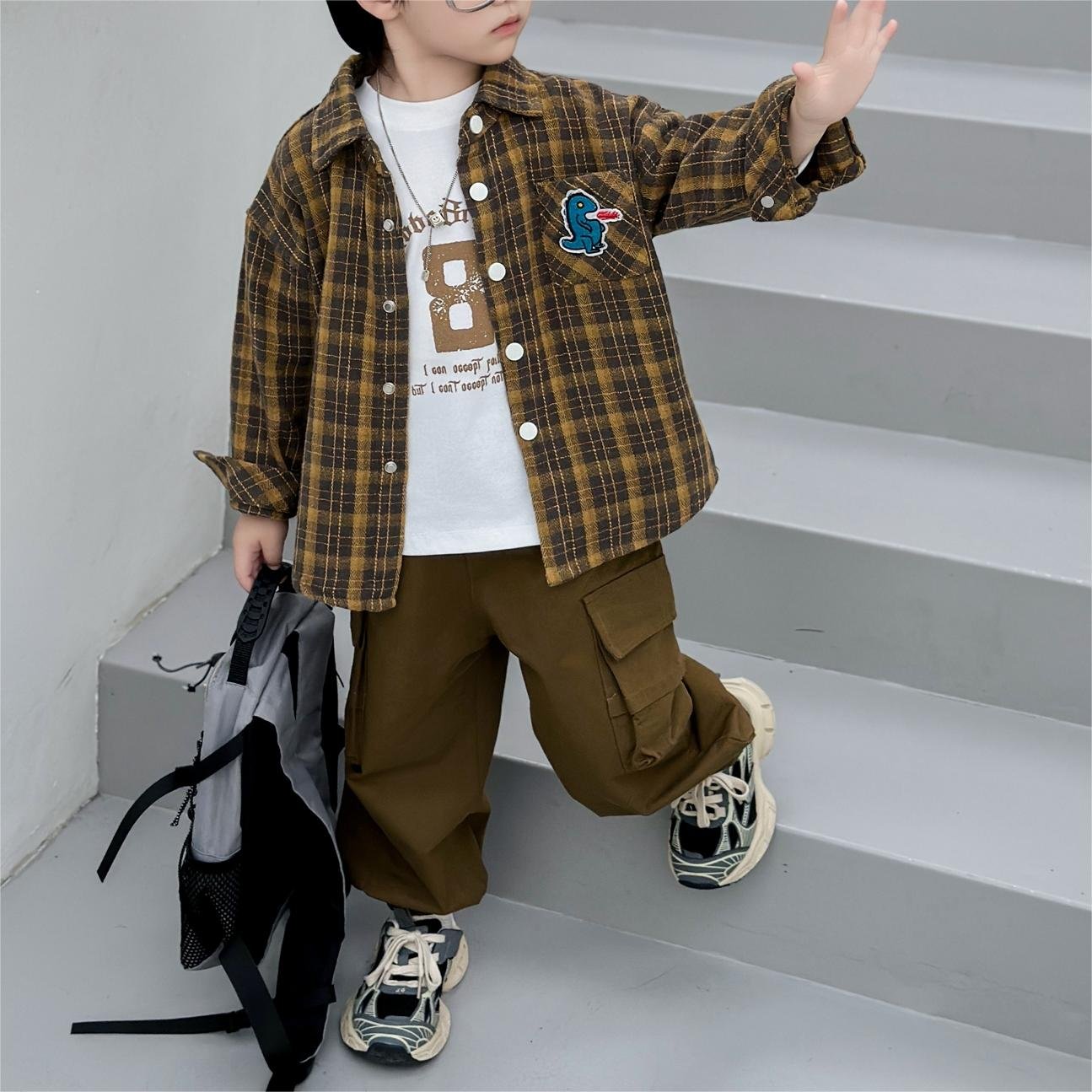 Factory Manufacturer Custom Cotton Breathable Checks Shirts Pants 3 Pieces Children's Clothing for Boy