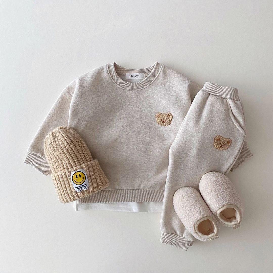 Winter Fleecing Baby Boys Girls Clothes Bear Logo Kids Children Casual Set Long Sleeve Sweatshirt Clothing