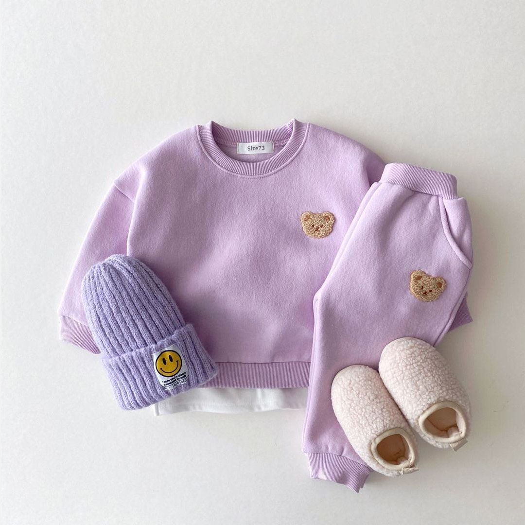Winter Fleecing Baby Boys Girls Clothes Bear Logo Kids Children Casual Set Long Sleeve Sweatshirt Clothing