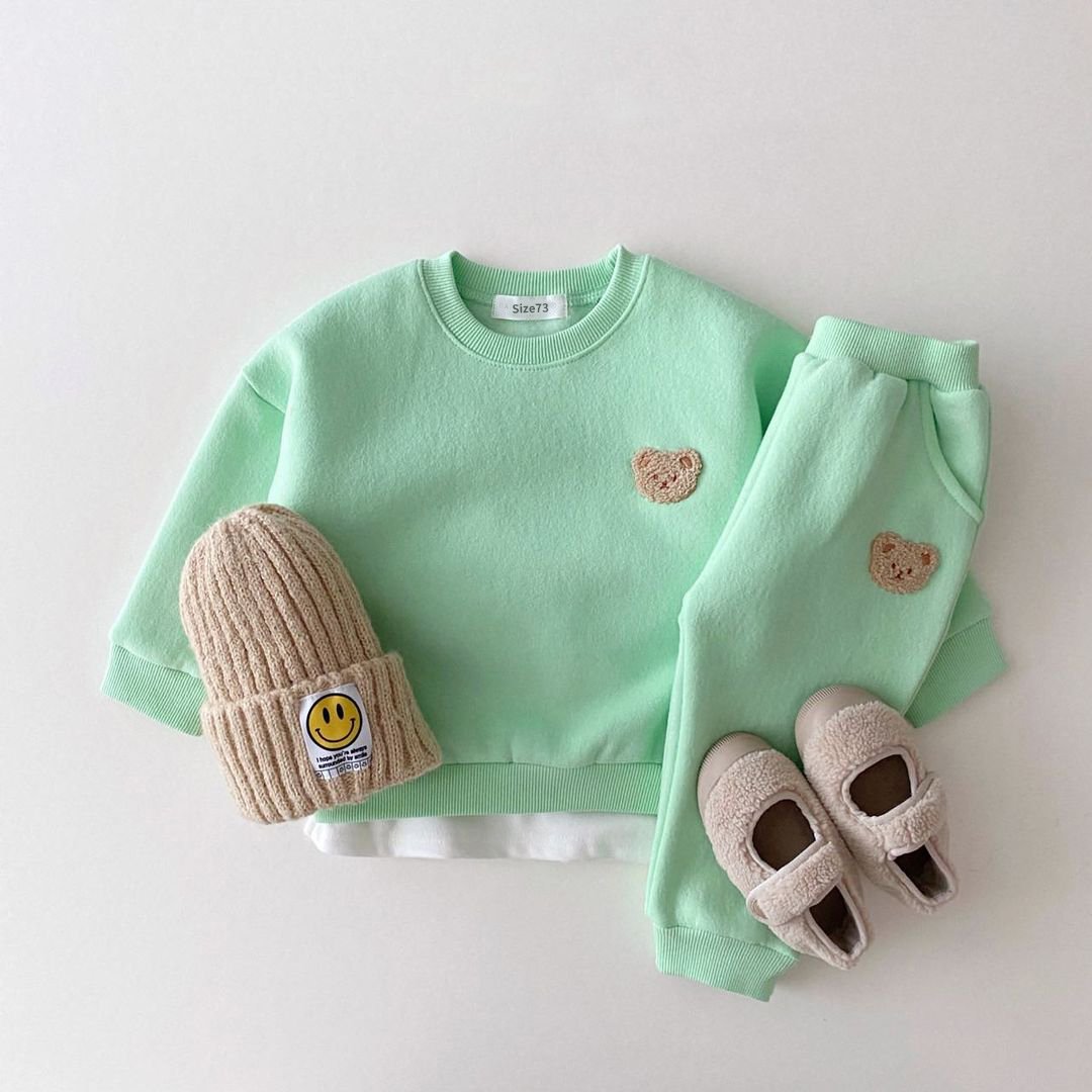 Winter Fleecing Baby Boys Girls Clothes Bear Logo Kids Children Casual Set Long Sleeve Sweatshirt Clothing