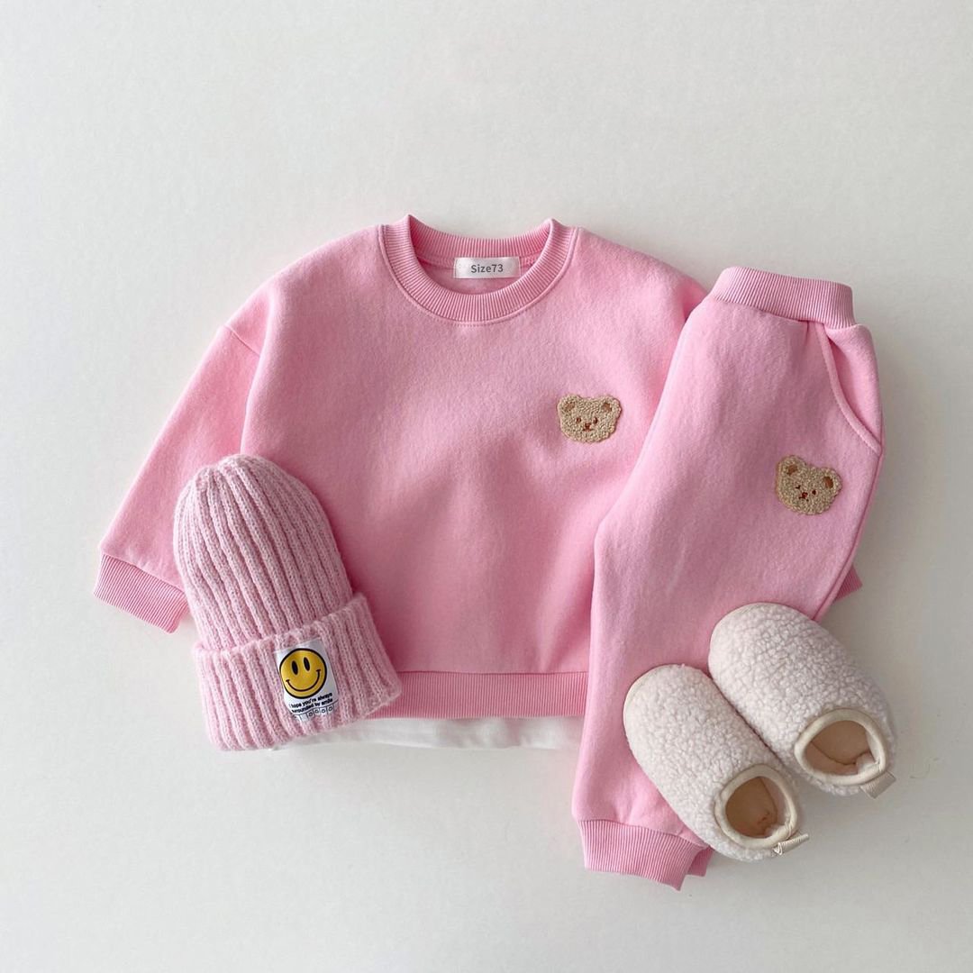 Winter Fleecing Baby Boys Girls Clothes Bear Logo Kids Children Casual Set Long Sleeve Sweatshirt Clothing