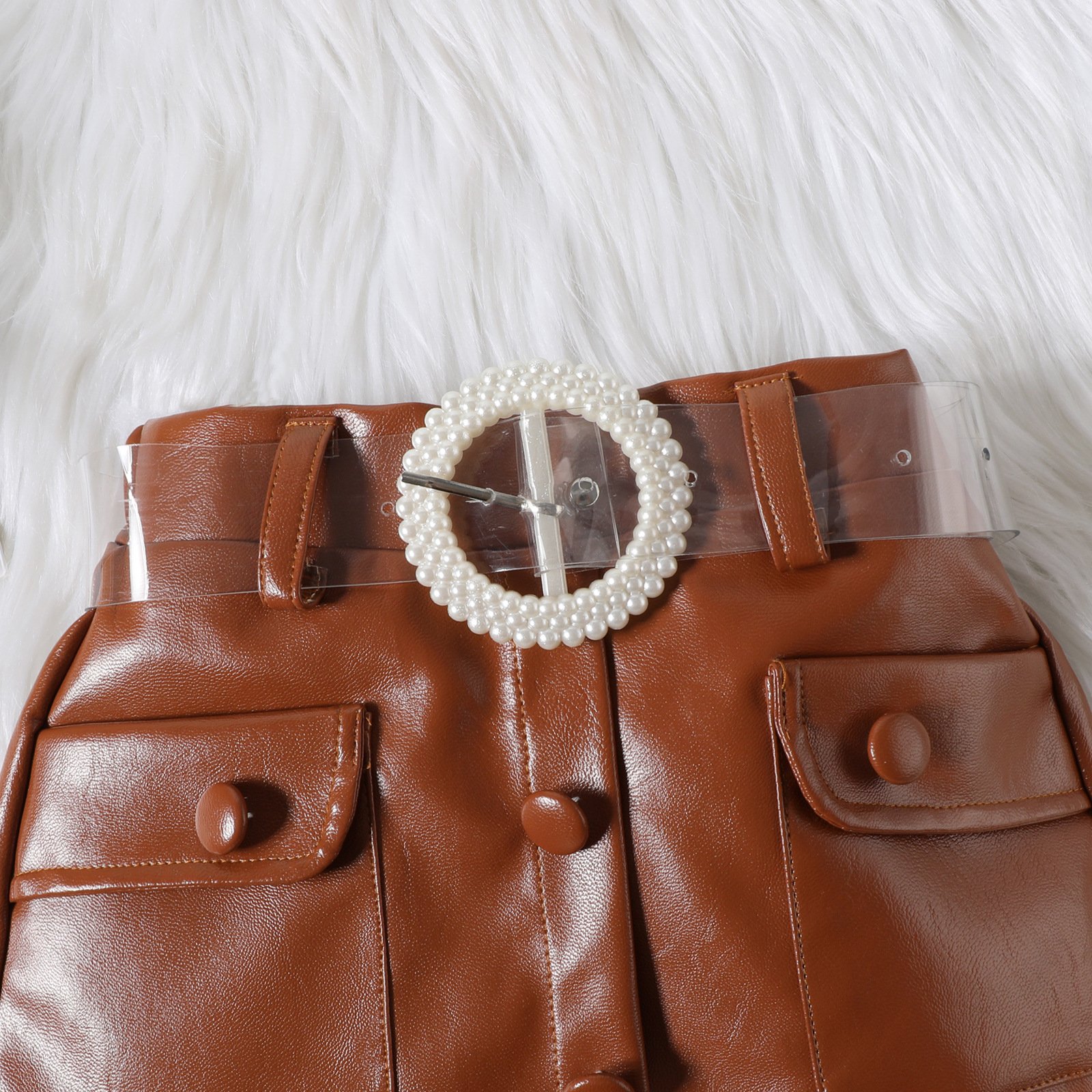 Two-piece set with belt Girl's clothing suit Round neck fur fly sleeve top with open pocket PU leather skirt set Girls clothing