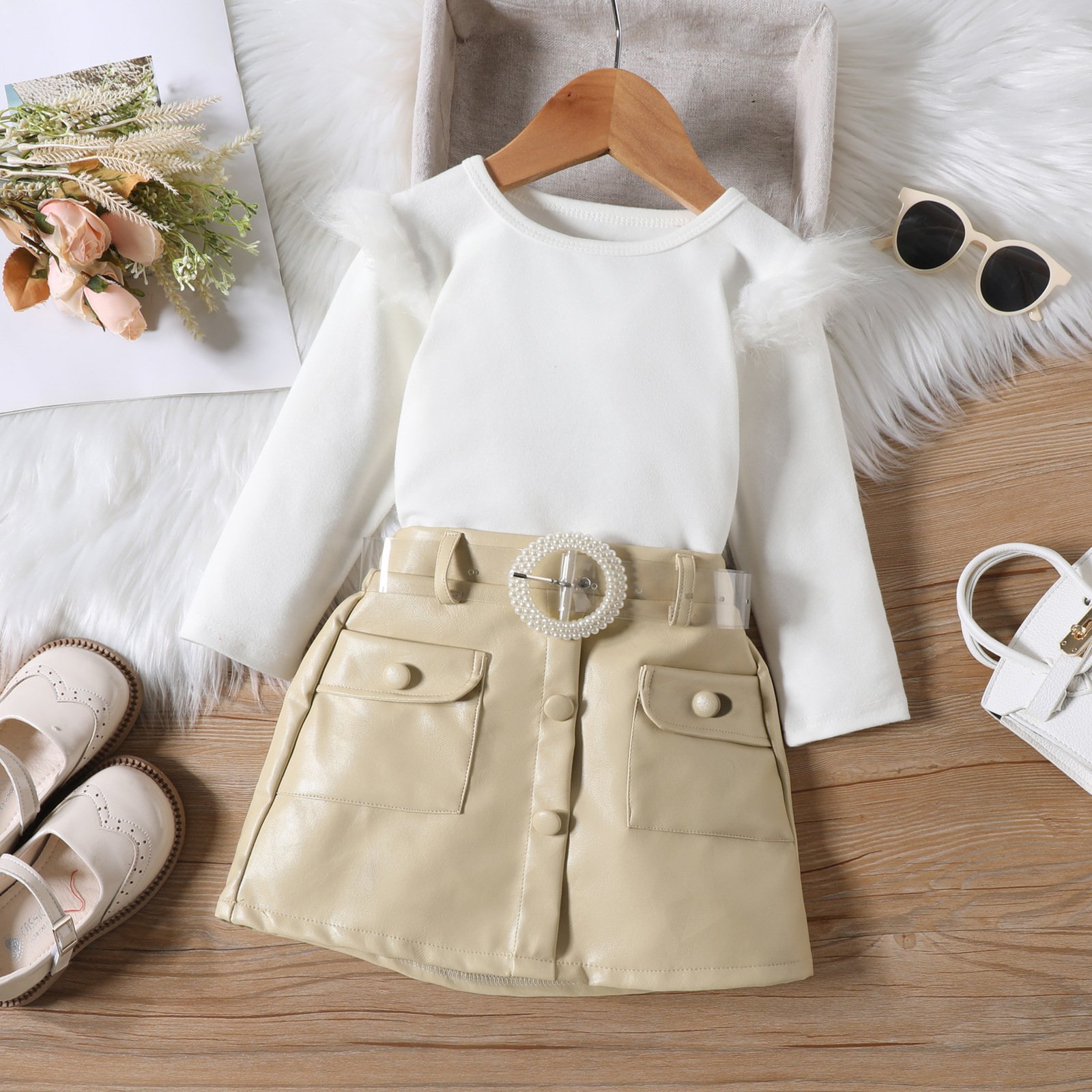 Two-piece set with belt Girl's clothing suit Round neck fur fly sleeve top with open pocket PU leather skirt set Girls clothing