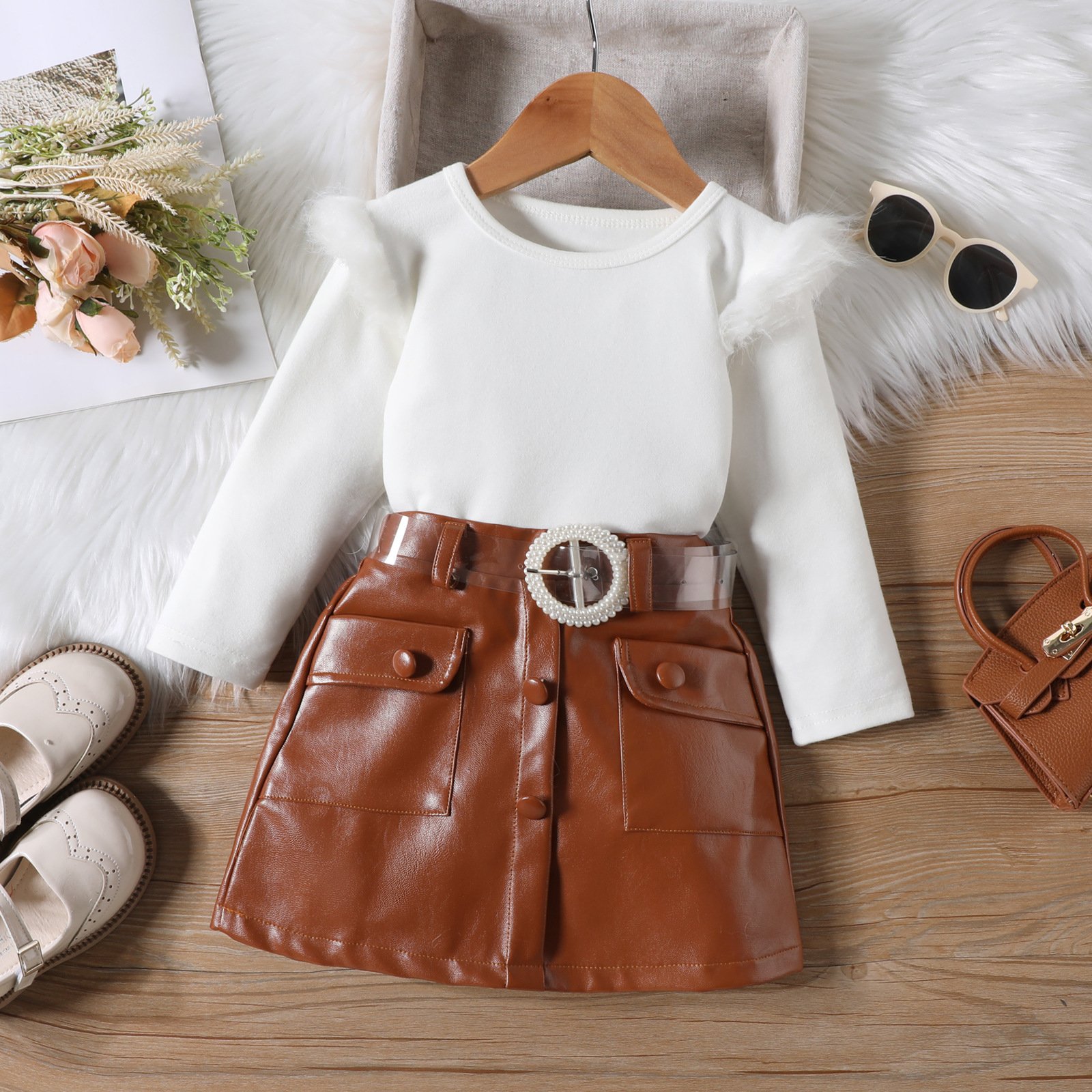 Two-piece set with belt Girl's clothing suit Round neck fur fly sleeve top with open pocket PU leather skirt set Girls clothing