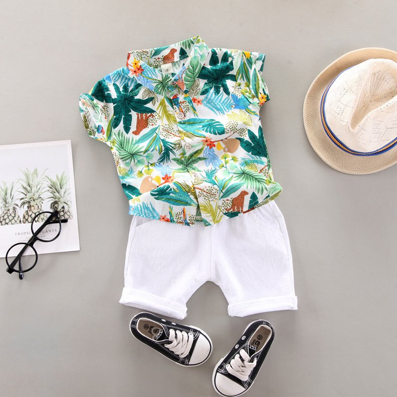 Hawaii Holiday Toddler Boys Jungle Floral Print Cotton Shirts and White Pants Children Outfit Clothes 2 piece Summer Beach Sets