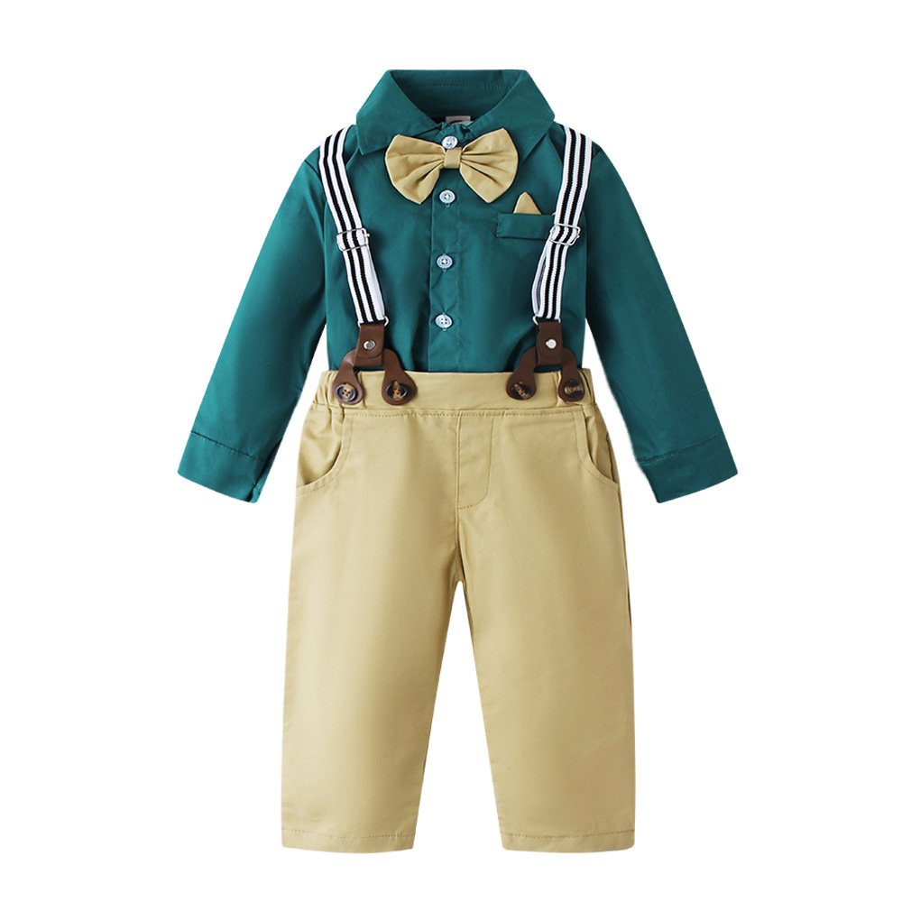 Wholesale Fall baby boy party clothes set children long sleeve dots print top suspender trousers gentleman suit
