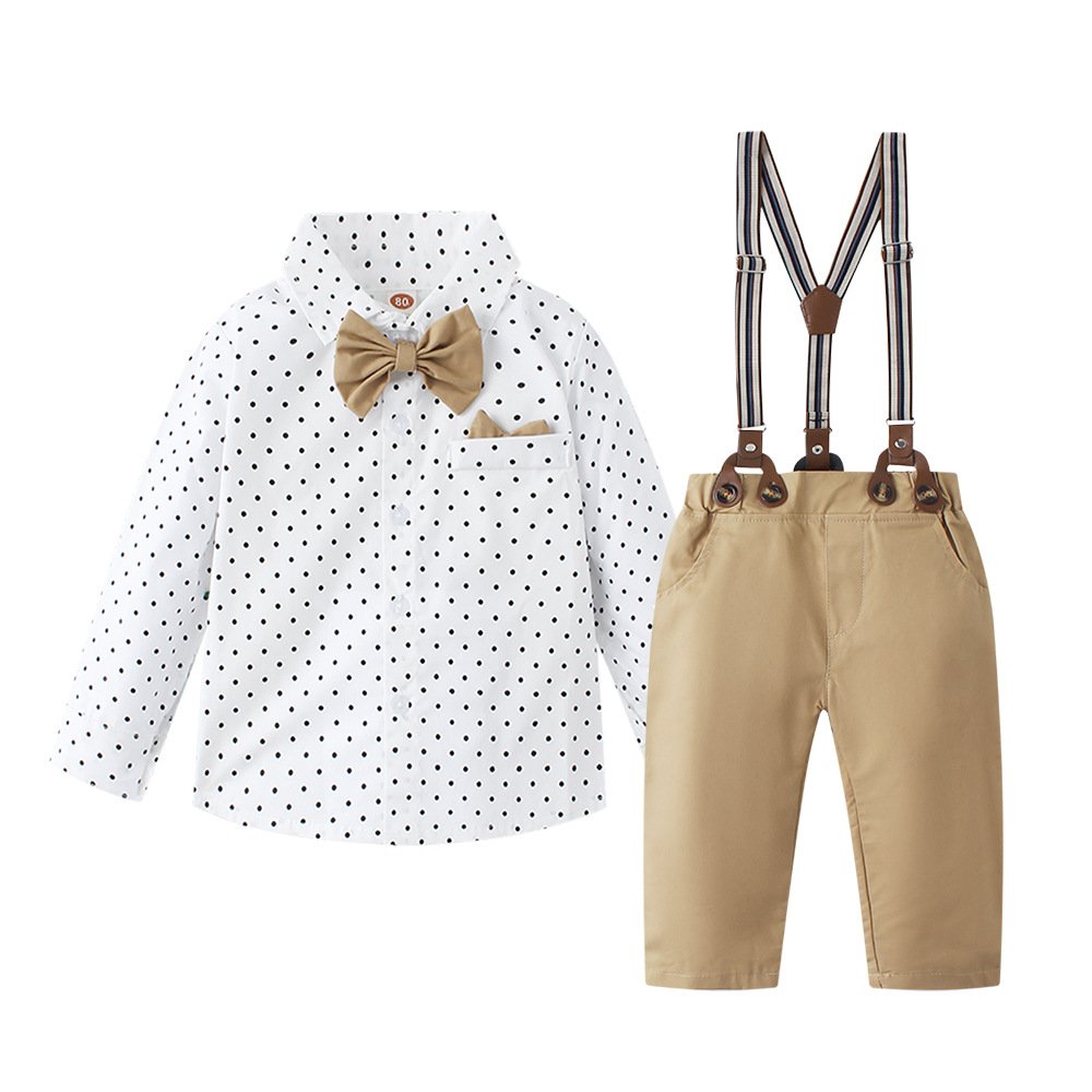 Wholesale Fall baby boy party clothes set children long sleeve dots print top suspender trousers gentleman suit