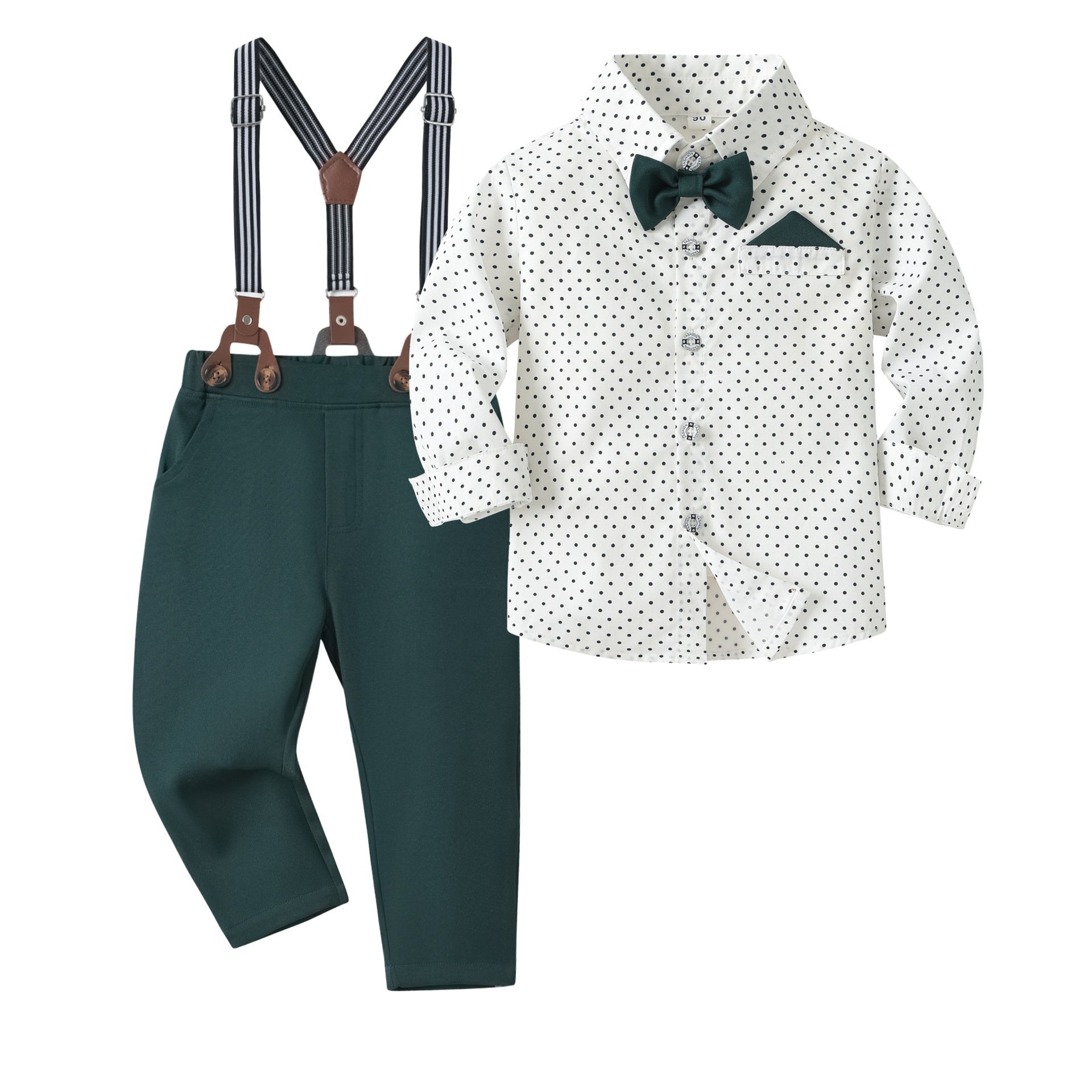 Wholesale Fall baby boy party clothes set children long sleeve dots print top suspender trousers gentleman suit