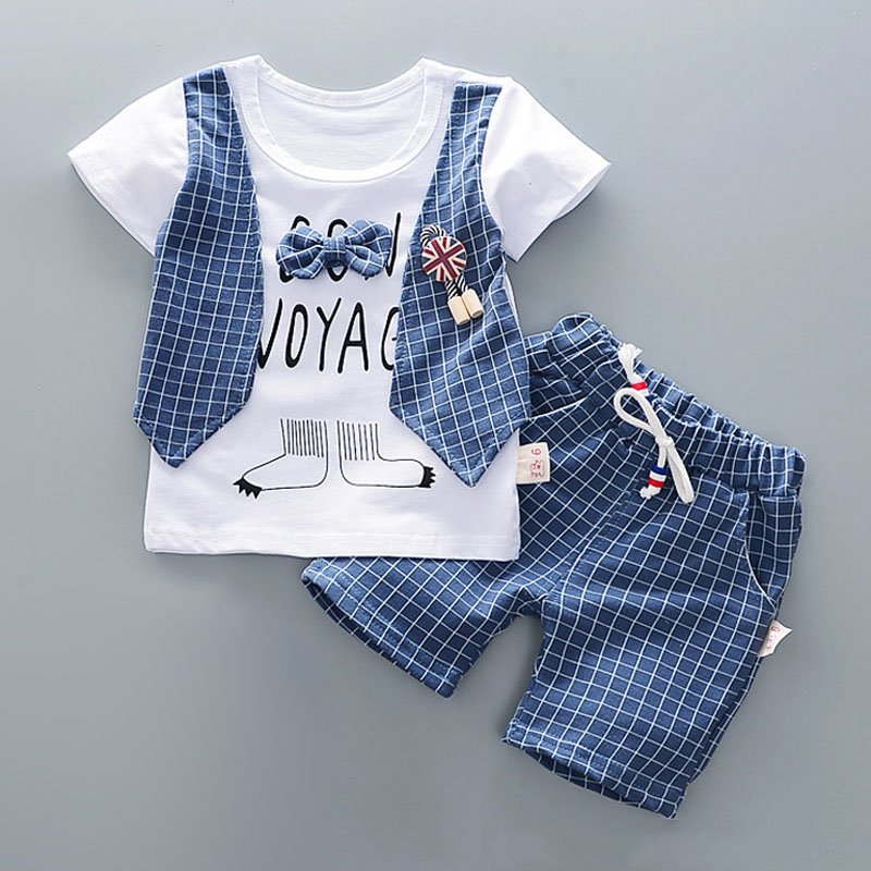 New summer short-sleeved plaid waistcoat two-piece baby clothes boy baby British summer children's clothes