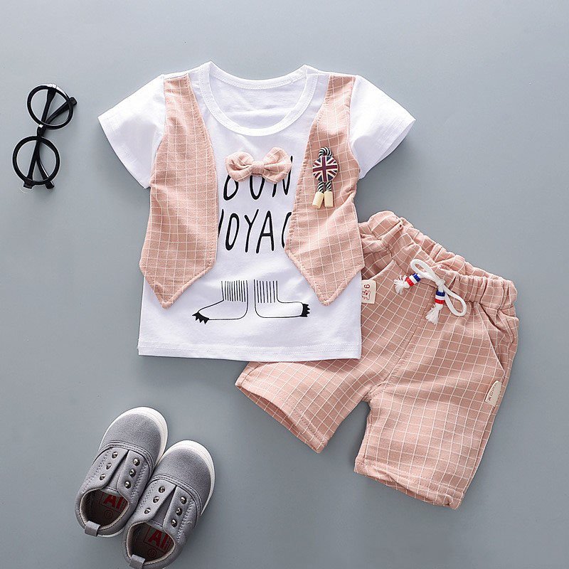 New summer short-sleeved plaid waistcoat two-piece baby clothes boy baby British summer children's clothes