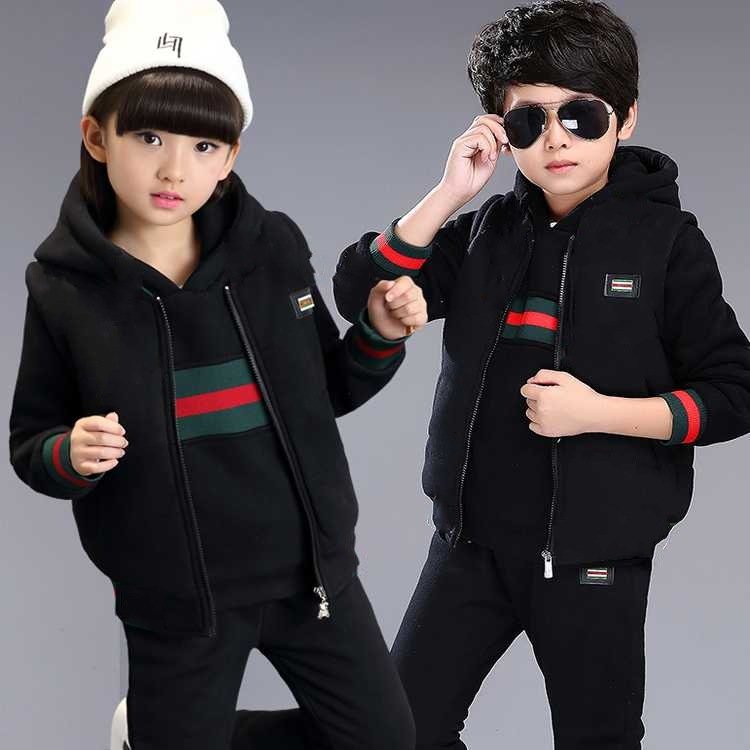 Wholesale Winter Children Clothes Baby Waistcoat Hoodies Pants 3Pcs Thick Plush Kids Tracksuits Boys Clothing Sets 3-15Years