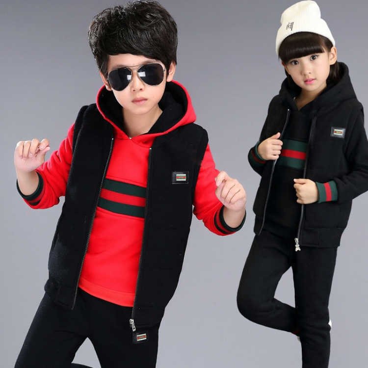 Wholesale Winter Children Clothes Baby Waistcoat Hoodies Pants 3Pcs Thick Plush Kids Tracksuits Boys Clothing Sets 3-15Years