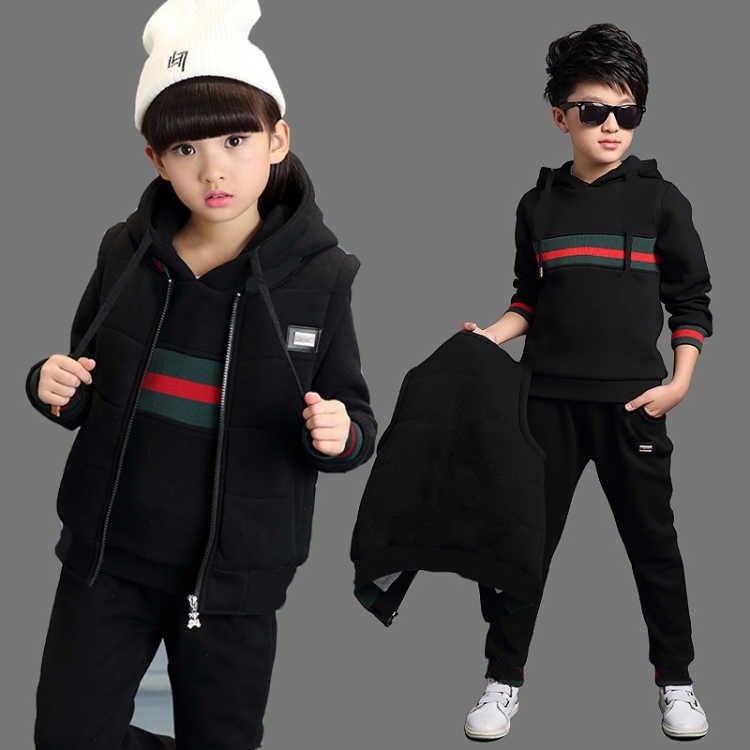 Wholesale Winter Children Clothes Baby Waistcoat Hoodies Pants 3Pcs Thick Plush Kids Tracksuits Boys Clothing Sets 3-15Years