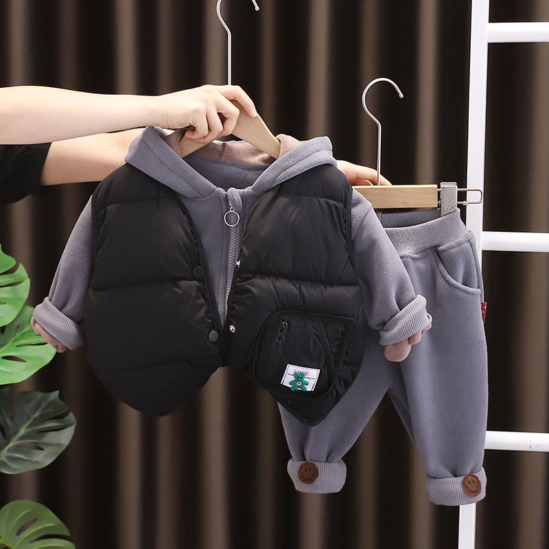 New Fashion Winter 3pcs Children Suit Vest+hoodie+pants Thickening Warm Cotton Boys Clothing Sets