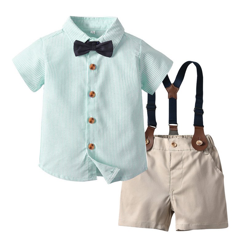 Wholesale 6 Months-10 years old children's cotton gentleman western hot sell boys stripe summer short sleeve pants clothing set