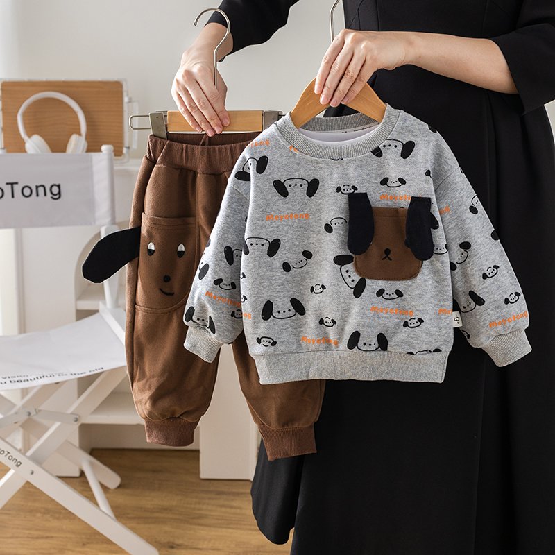2024 Autumn/Winter 2-Piece Boys' Clothing Set Children's Stereoscopic Cartoon Print Long Sleeve Top Outdoor Patchwork Kids