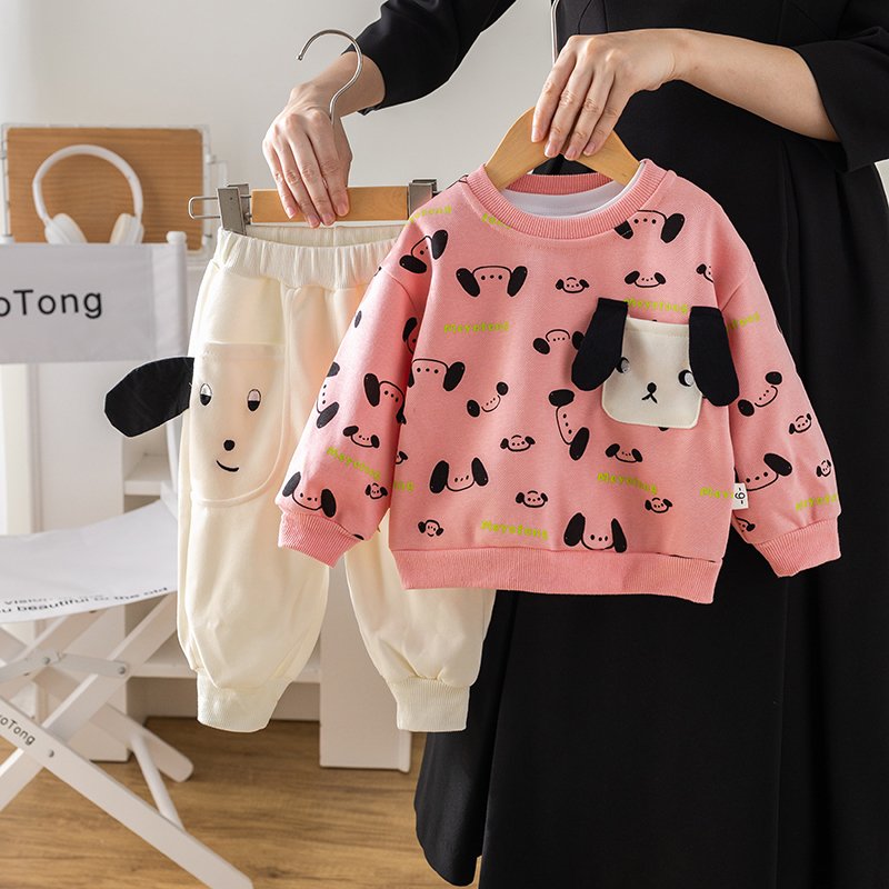 2024 Autumn/Winter 2-Piece Boys' Clothing Set Children's Stereoscopic Cartoon Print Long Sleeve Top Outdoor Patchwork Kids