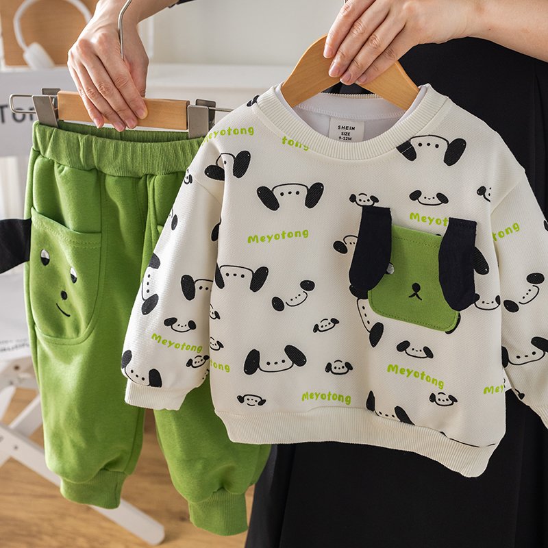 2024 Autumn/Winter 2-Piece Boys' Clothing Set Children's Stereoscopic Cartoon Print Long Sleeve Top Outdoor Patchwork Kids