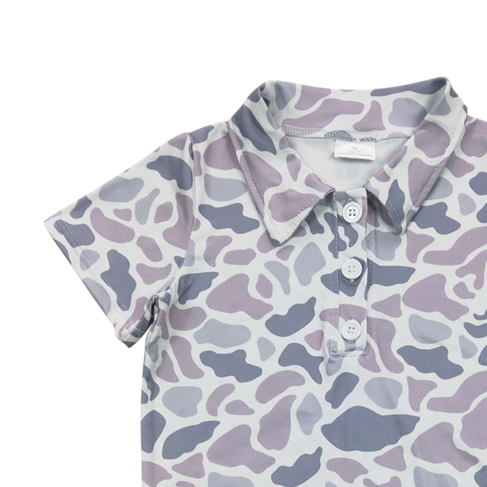 Western polo shirts short sleeves grey camo print button down wholesale boys polo shirts boutique low price ready to ship no moq
