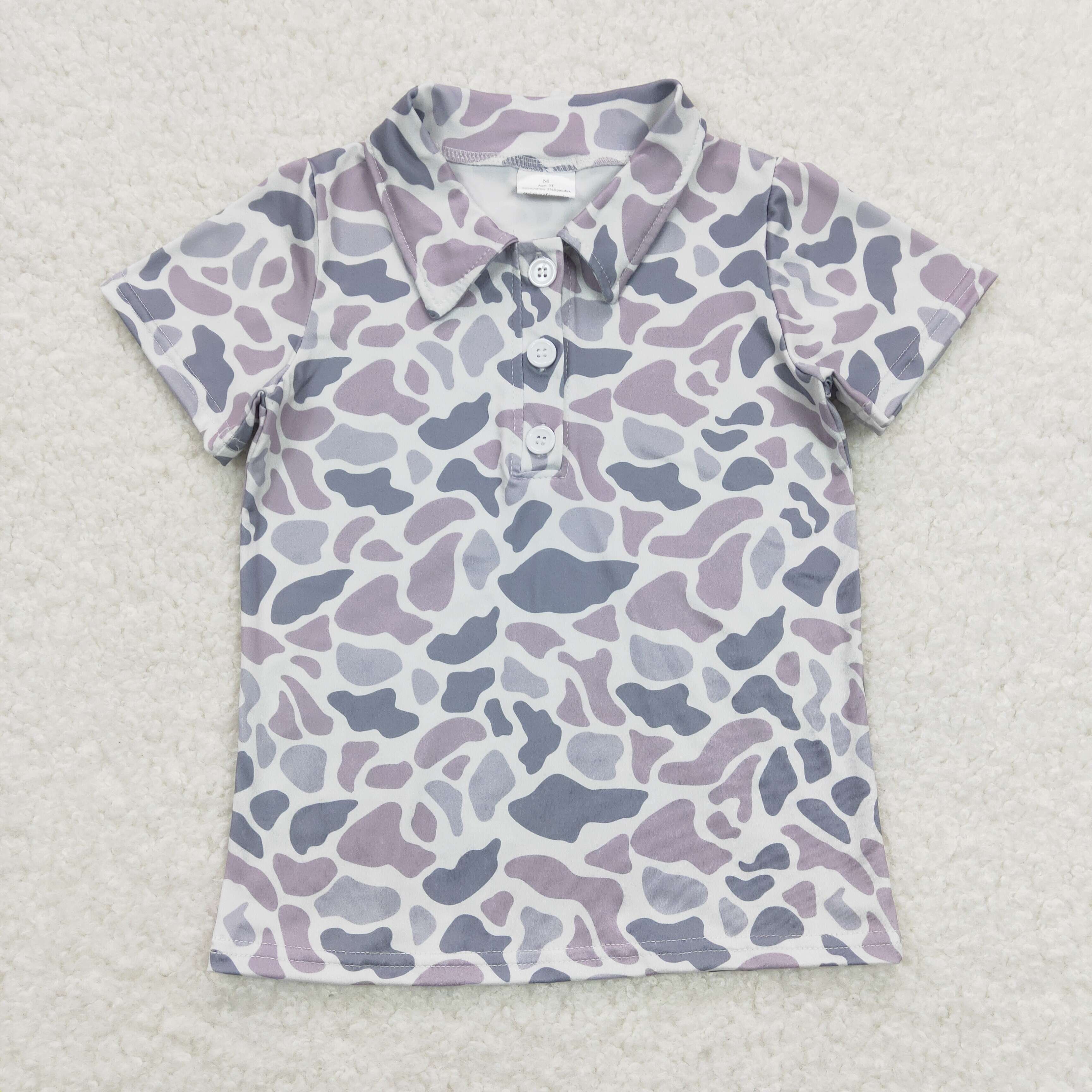 Western polo shirts short sleeves grey camo print button down wholesale boys polo shirts boutique low price ready to ship no moq