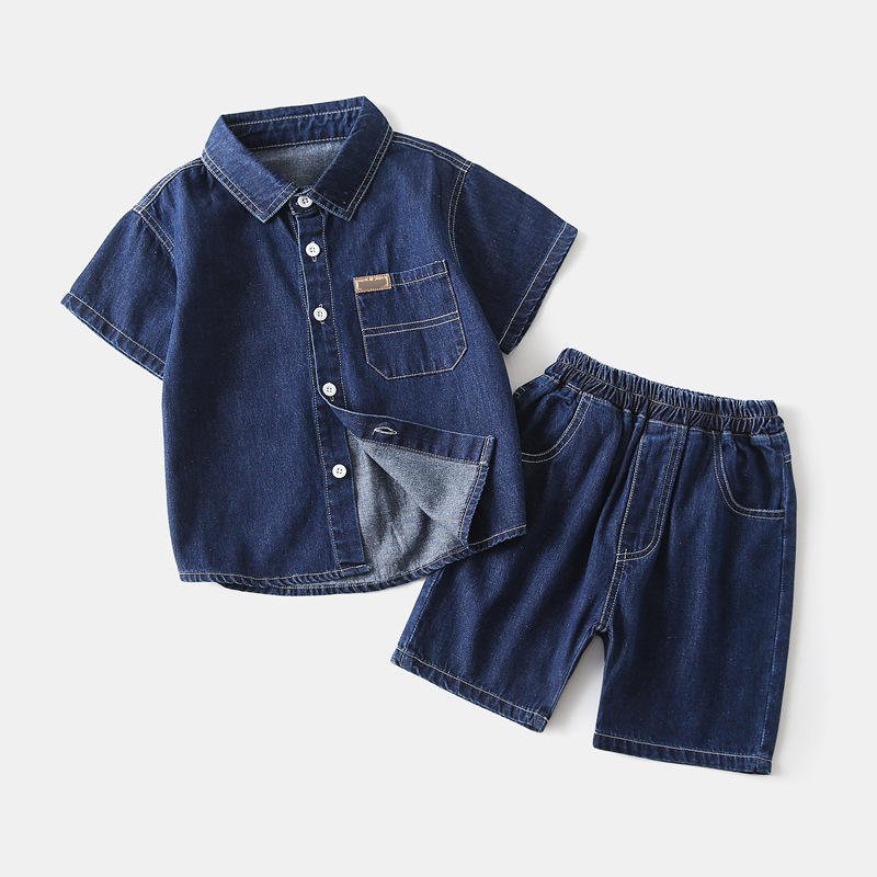 2024 Clothes Child Boy Short-sleeved Cardigan T-shirt Shorts 2Pcs Boy Child Clothes Denim Solid Boys Clothing Sets Summer 90-140
