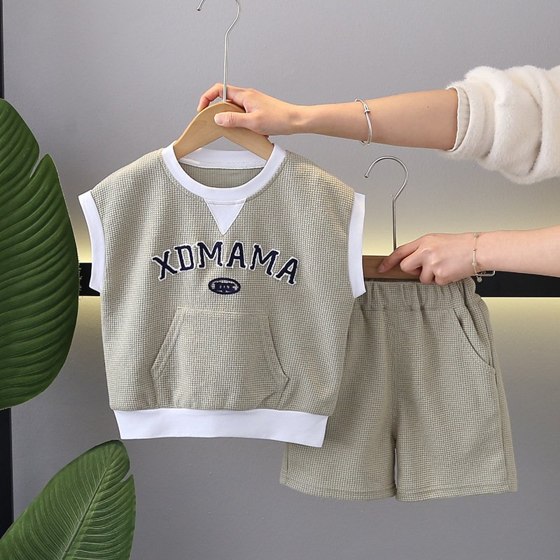 2024 New Casual Kids Clothing Short Sleeve Letter Print Waffle Pullover Shorts Boys Two-Piece Tracksuit Summer Toddler Sets