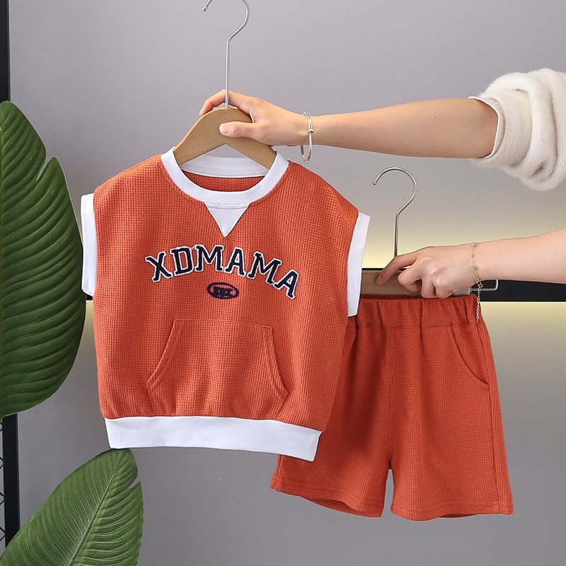 2024 New Casual Kids Clothing Short Sleeve Letter Print Waffle Pullover Shorts Boys Two-Piece Tracksuit Summer Toddler Sets