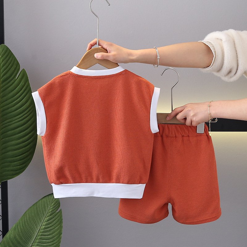 2024 New Casual Kids Clothing Short Sleeve Letter Print Waffle Pullover Shorts Boys Two-Piece Tracksuit Summer Toddler Sets