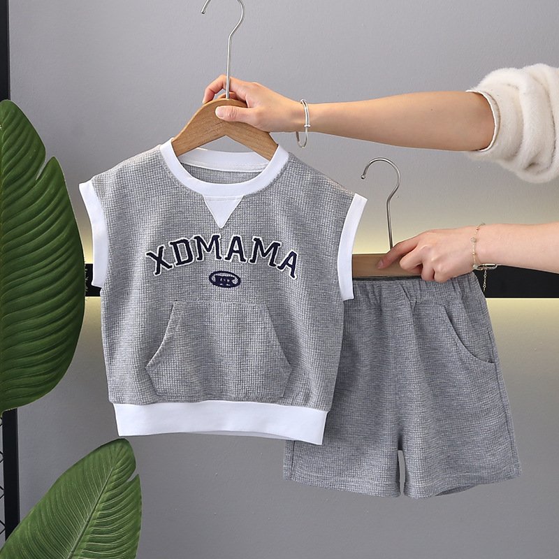 2024 New Casual Kids Clothing Short Sleeve Letter Print Waffle Pullover Shorts Boys Two-Piece Tracksuit Summer Toddler Sets