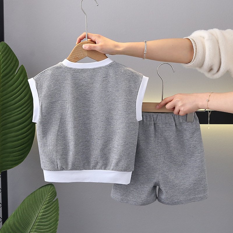 2024 New Casual Kids Clothing Short Sleeve Letter Print Waffle Pullover Shorts Boys Two-Piece Tracksuit Summer Toddler Sets