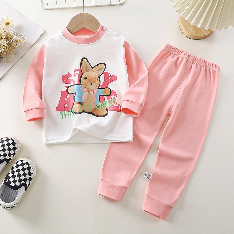 New Children's Cartoon Pure Cotton Warm Top+Pants Home Suit Set