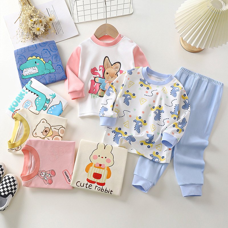 New Children's Cartoon Pure Cotton Warm Top+Pants Home Suit Set
