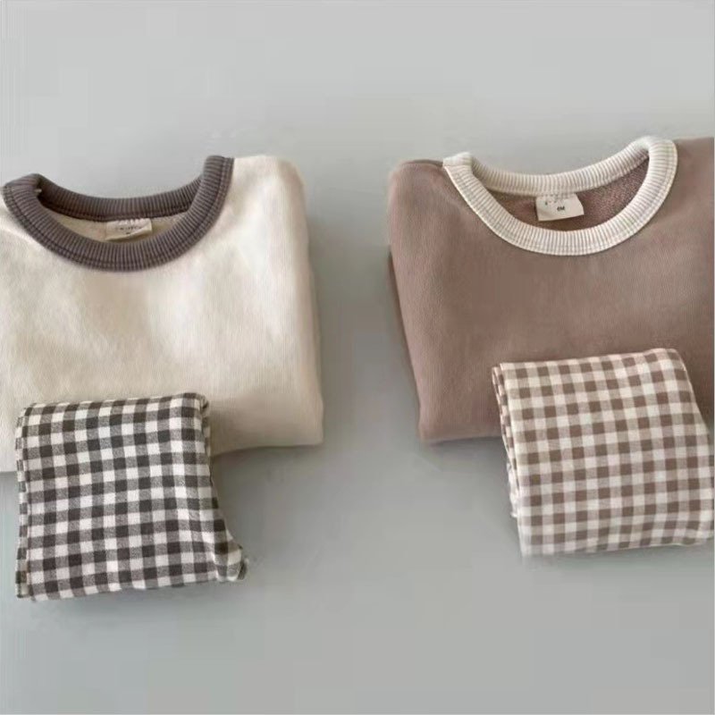 New Baby Boys Girls Spring And Autumn 2 Pieces Kids Clothes Set Cotton Long Sleeves Plaid Soft Children's Clothing Sets