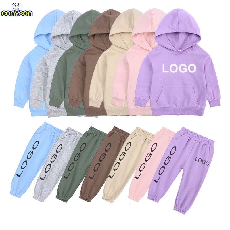Conyson custom logo high quality children clothes kids hoodies tracksuit french terry spring kids toddlers joggers clothing set