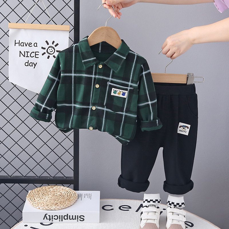 New Style Spring Autumn Boys Kids Clothing Set Long Sleeve Plaid Shirt Coat +Trousers 2 Pieces Boys Clothing Sets 2024