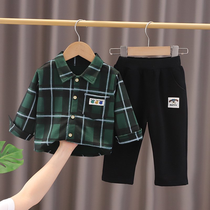 New Style Spring Autumn Boys Kids Clothing Set Long Sleeve Plaid Shirt Coat +Trousers 2 Pieces Boys Clothing Sets 2024