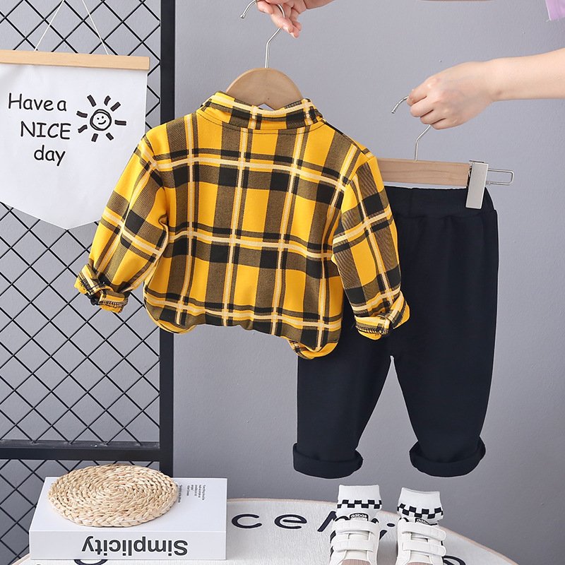 New Style Spring Autumn Boys Kids Clothing Set Long Sleeve Plaid Shirt Coat +Trousers 2 Pieces Boys Clothing Sets 2024