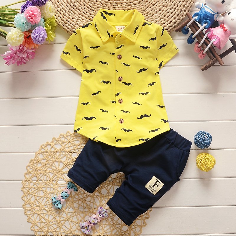 Children's set boys lapel short sleeve suit beard print summer shirt for baby casual suit