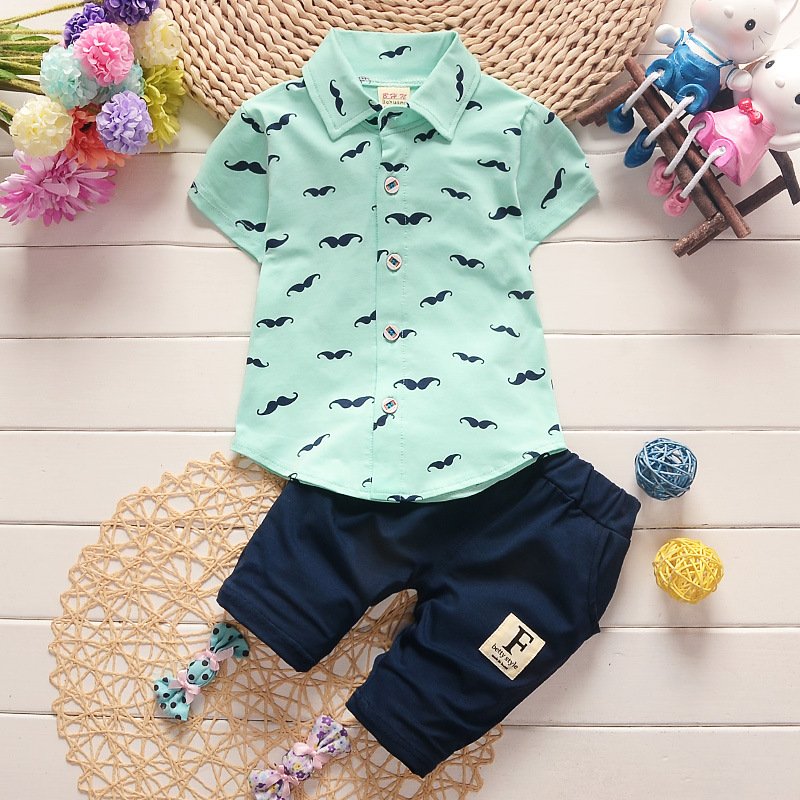Children's set boys lapel short sleeve suit beard print summer shirt for baby casual suit