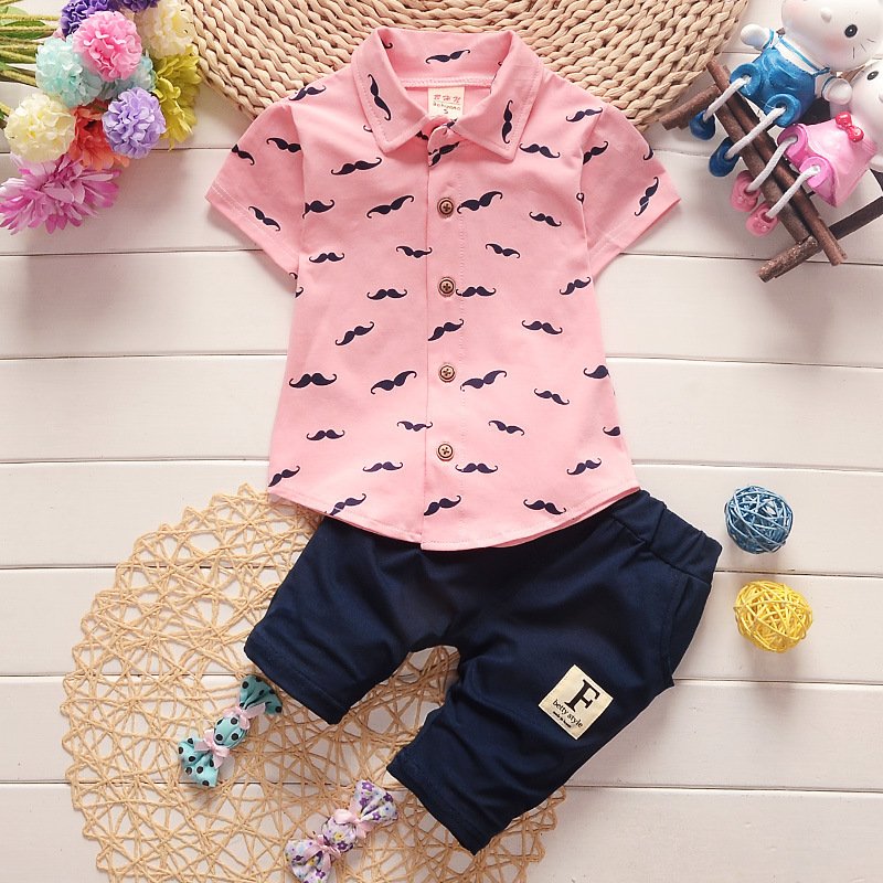Children's set boys lapel short sleeve suit beard print summer shirt for baby casual suit