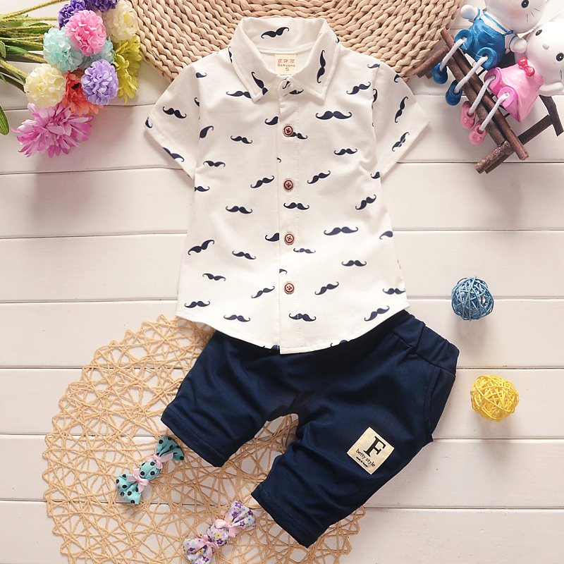 Children's set boys lapel short sleeve suit beard print summer shirt for baby casual suit
