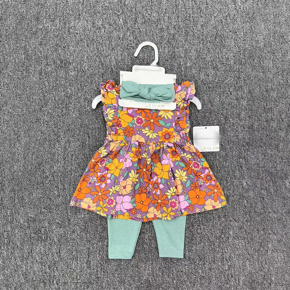 3 In 1 Newborn Baby Girl Outfits With Hairband Skirt And Pants Hot Sale Floral Printing Cotton Fabric Baby Romper Set