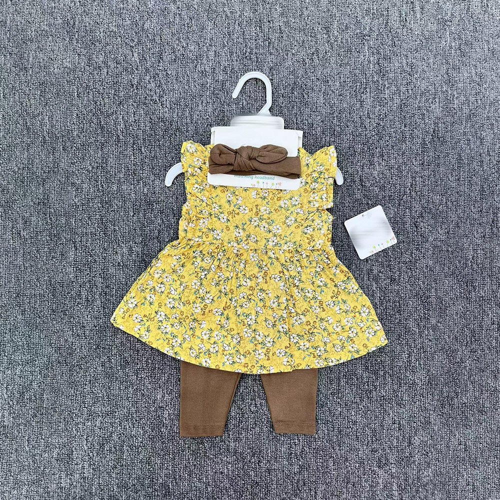 3 In 1 Newborn Baby Girl Outfits With Hairband Skirt And Pants Hot Sale Floral Printing Cotton Fabric Baby Romper Set