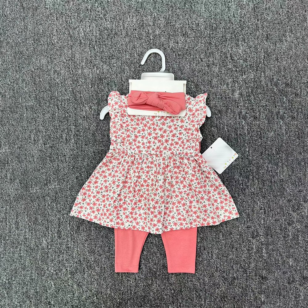 3 In 1 Newborn Baby Girl Outfits With Hairband Skirt And Pants Hot Sale Floral Printing Cotton Fabric Baby Romper Set