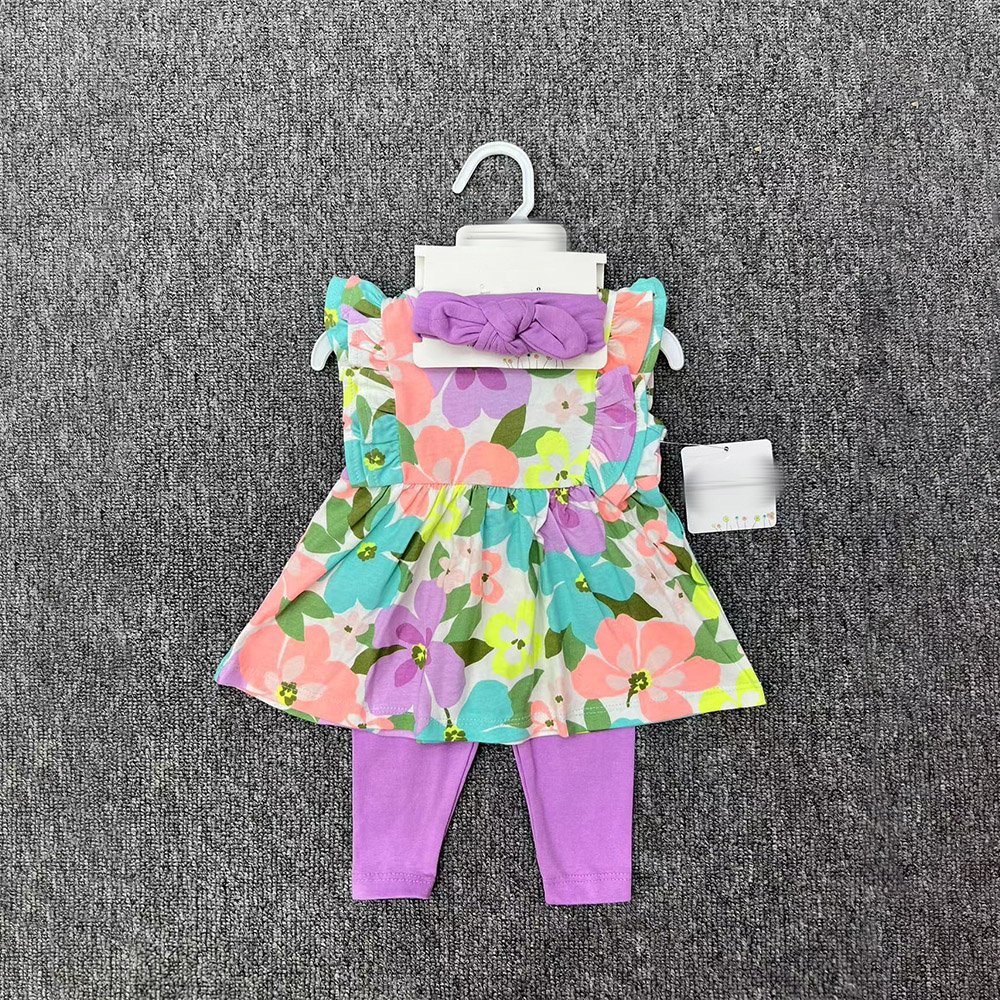 3 In 1 Newborn Baby Girl Outfits With Hairband Skirt And Pants Hot Sale Floral Printing Cotton Fabric Baby Romper Set