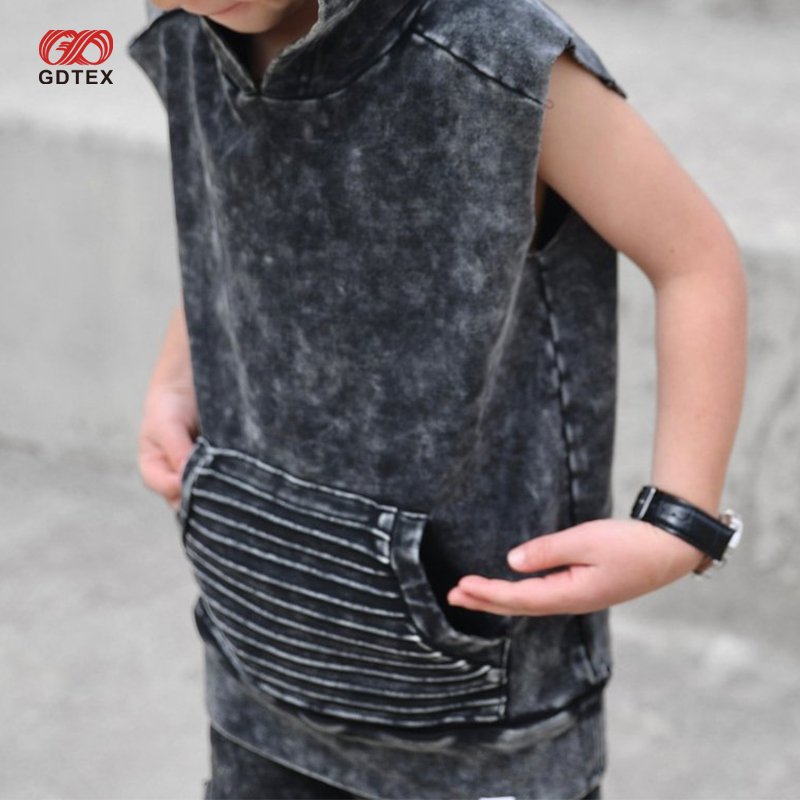 GDTEX Custom Professional OEM ODM Kid Streetwear Supplier Black Acid Wash Summer Leisure Tank Vest and Shorts Boy Clothing Set