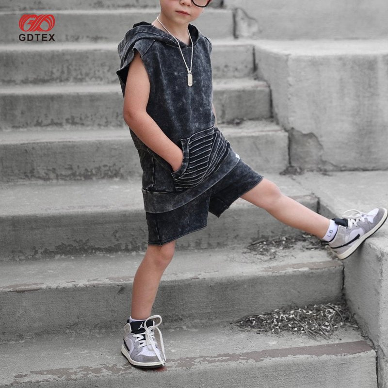 GDTEX Custom Professional OEM ODM Kid Streetwear Supplier Black Acid Wash Summer Leisure Tank Vest and Shorts Boy Clothing Set