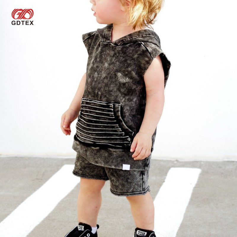 GDTEX Custom Professional OEM ODM Kid Streetwear Supplier Black Acid Wash Summer Leisure Tank Vest and Shorts Boy Clothing Set